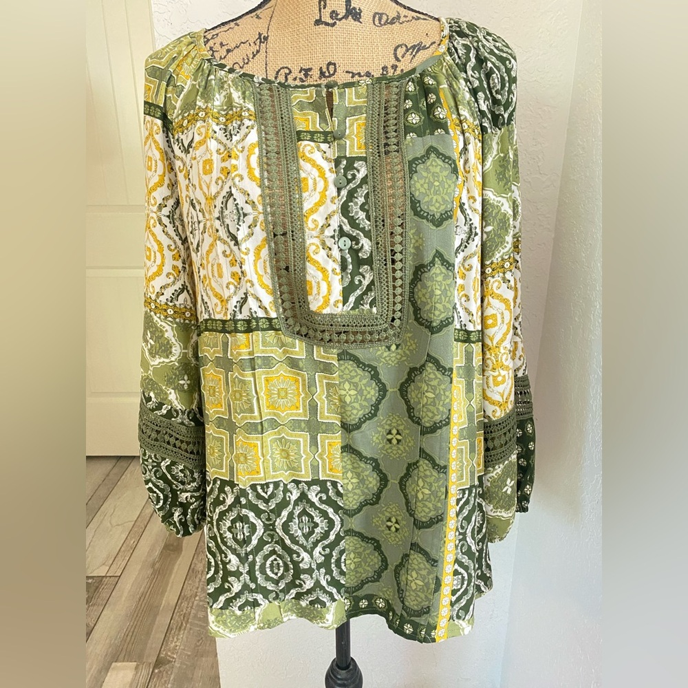 Cato Olive and Yellow Geometric Blouse